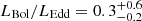 Mathematical equation: $ L_\mathrm{{Bol}}/L_\mathrm{{Edd}}=0.3^{+0.6}_{-0.2} $