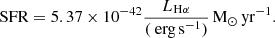 Mathematical equation: $$ \begin{aligned} \text{ SFR} = 5.37\times 10^{-42} \frac{L_{\rm {H}\alpha }}{(\text{ erg}\,\mathrm{s}^{-1})}\,\mathrm {M}_\odot \,\mathrm {yr}^{-1} .\end{aligned} $$