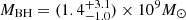 Mathematical equation: $ M_\mathrm{{BH}}=(1.4^{+3.1}_{-1.0})\times10^9M_\odot $