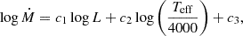 Mathematical equation: $$ \begin{aligned} \log {\dot{M}} = c_1 \log {L} + c_2\log {\left(\frac{T_{\rm eff}}{4000}\right)} + c_3 , \end{aligned} $$