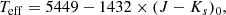 Mathematical equation: $$ \begin{aligned} T_{\rm eff} = 5449 - 1432 \times (J-K_s)_0, \end{aligned} $$