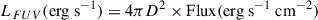 Mathematical equation: $$ \begin{aligned} L_{FUV} (\mathrm{erg\ s}^{-1})=4 \pi D^{2} \times \mathrm{Flux}(\mathrm{erg\ s}^{-1}\ \mathrm{cm}^{-2}) \end{aligned} $$