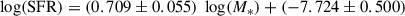 Mathematical equation: $$ \begin{aligned} \ \ \ \log (\mathrm{SFR}) = (0.709 \pm 0.055)\ \log (M_{*}) + (-7.724 \pm 0.500) \end{aligned} $$