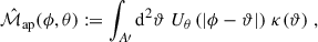 Mathematical equation: $$ \begin{aligned} \hat{\mathcal{M} }_{\rm ap}(\phi ,\theta ):=\int _{A\prime } \mathrm{d}^2\vartheta \; U_{\theta }\left(|\phi -\vartheta |\right) \, \kappa (\vartheta )\;, \end{aligned} $$