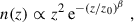 Mathematical equation: $$ \begin{aligned} n(z)\propto z^2\,\mathrm{e}^{-\left(z/z_0\right)^\beta }\;, \end{aligned} $$
