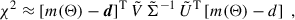 Mathematical equation: $$ \begin{aligned} \chi ^2 \approx \left[m(\Theta )-\boldsymbol{d}\right]^\mathrm{T} \tilde{V}\,\tilde{\Sigma }^{-1}\,\tilde{U}^\mathrm{T} \left[m(\Theta )-d\right] \; , \end{aligned} $$