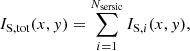 Mathematical equation: $$ \begin{aligned} I_{\rm S,tot}(x,y) = \sum _{i = 1}^{N_{\rm sersic}} I_{\mathrm{S}, i}(x,y), \end{aligned} $$