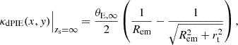 Mathematical equation: $$ \begin{aligned} {\kappa _{\rm dPIE}(x,y) \Big |_{\rm z_s=\infty }= \frac{\theta _{\rm E,\infty }}{2} \left( \frac{1}{R_{\rm em}} - \frac{1}{\sqrt{R_{\rm em}^2+r_{\rm t}^2}}\right),} \end{aligned} $$