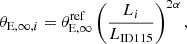 Mathematical equation: $$ \begin{aligned} \theta _{\mathrm{E,\infty },i}&= \theta _{\rm { E},\infty }^\mathrm{ref} \left(\frac{L_i}{L_\mathrm{ID 115} }\right)^{2 \alpha }, \end{aligned} $$
