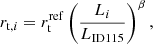 Mathematical equation: $$ \begin{aligned} r_{\mathrm{t},i}&= r^\mathrm{ref} _{\rm t} \left(\frac{L_i}{L_\mathrm{ID 115} }\right)^{\beta }, \end{aligned} $$