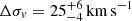 Mathematical equation: $ \Delta \sigma_v = 25 ^{+6}_{-4} \, \mathrm{km \, s^{-1}} $