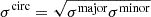 Mathematical equation: $ \sigma^{\mathrm{circ}} = \sqrt{\sigma^{\mathrm{major}} \sigma^{\mathrm{minor}}} $