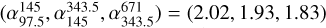 Mathematical equation: $(\alpha_{97.5}^{145},\alpha_{145}^{343.5}, \alpha_{343.5}^{671})=(2.02, 1.93, 1.83)$