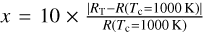 Mathematical equation: $x=10 \times \frac{|R_{\rm T}-R(T_{\rm c}=1000 \, \rm K)|}{R(T_{\rm c}=1000 \, \rm K)}$