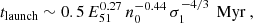 Mathematical equation: $$ \begin{aligned} t_{\text{launch}} \sim 0.5 \, E_{51}^{0.27}\, n_{0}^{-0.44} \, \sigma _{1}^{-4/3}\, \text{ Myr} ~, \end{aligned} $$