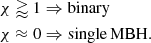 Mathematical equation: $$ \begin{aligned} \chi&\gtrapprox 1 \Rightarrow \mathrm{binary}\nonumber \\ \chi&\approx 0 \Rightarrow \mathrm{single\,MBH}. \end{aligned} $$