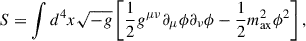 Mathematical equation: $$ \begin{aligned} S = \int d^4x\sqrt{-g}\left[\frac{1}{2}g^{\mu \nu }\partial _\mu \phi \partial _\nu \phi - \frac{1}{2}m_{\rm ax}^2\phi ^2\right], \end{aligned} $$