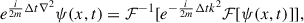 Mathematical equation: $$ \begin{aligned} e^{\frac{i}{2m}\Delta t \nabla ^2}\psi (x,t) = \mathcal{F} ^{-1}[e^{-\frac{i}{2m}\Delta t k^2}\mathcal{F} [\psi (x,t)]], \end{aligned} $$