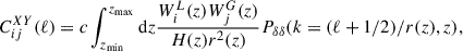 Mathematical equation: $$ \begin{aligned} C_{ij}^{XY}(\ell ) = c\int _{z_{\rm min}}^{z_{\rm max}} \mathrm{d}z \frac{W_i^L(z)W_j^G(z)}{H(z)r^2(z)}P_{\delta \delta }(k = (\ell + 1/2)/r(z),z), \end{aligned} $$