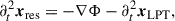 Mathematical equation: $$ \begin{aligned}&\partial _t^2 \boldsymbol{x}_{\rm res} = - \nabla \Phi - \partial _t^2 \boldsymbol{x}_{\rm LPT},\end{aligned} $$