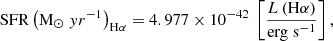 Mathematical equation: $$ \begin{aligned} \mathrm{SFR}\left({\mathrm{{M}}_\odot \; yr^{-1}}\right)_{\mathrm{H}\alpha } = 4.977 \times 10^{-42}\ \left[\frac{L\left(\mathrm{{H}}\alpha \right)}{\mathrm{erg\; s^{-1}}}\right], \end{aligned} $$