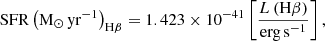 Mathematical equation: $$ \begin{aligned} \mathrm{{SFR}}\left({\mathrm{{M}}_\odot \, \mathrm{{yr}}^{-1}}\right)_{\mathrm{{H}}\beta } = 1.423 \times 10^{-41} \left[\frac{L\left(\mathrm{{H}}\beta \right)}{\mathrm{erg}\, \mathrm{{s}}^{-1}}\right], \end{aligned} $$