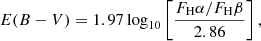Mathematical equation: $$ \begin{aligned} E(B-V) = 1.97 \log _{10}\left[\frac{F_{\rm {H}}\alpha /F_{\rm {H}}\beta }{2.86}\right], \end{aligned} $$