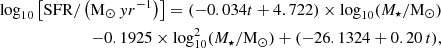 Mathematical equation: $$ \begin{aligned} \log _{10}\left[\mathrm{{SFR}}/\left({\mathrm{{M}}_\odot \,yr^{-1}}\right)\right] = (-0.034 t + 4.722)\times \log _{10}(M_\star /{\mathrm{{M}}_\odot }) \\ - 0.1925\times \log _{10}^2(M_\star /{\mathrm{{M}}_\odot }) + (-26.1324 + 0.20 \,t), \end{aligned} $$
