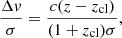 Mathematical equation: $$ \begin{aligned} \frac{\Delta v}{\sigma } = \frac{c(z-z_{\rm {cl}})}{(1+z_{\rm {cl}})\sigma }, \end{aligned} $$