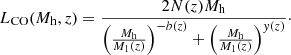 Mathematical equation: $$ \begin{aligned} L_{\rm CO}(M_{\rm h},z) = \frac{2N(z)M_{\rm h}}{\left(\frac{M_{\rm h}}{M_1(z)} \right)^{-b(z)} + \left(\frac{M_{\rm h}}{M_1(z)} \right)^{y(z)}}\cdot \end{aligned} $$