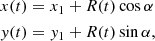 Mathematical equation: $$ \begin{aligned} x(t)&= x_1 + R(t) \cos \alpha \nonumber \\ y(t)&= y_1 + R(t) \sin \alpha , \end{aligned} $$