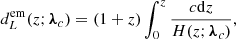 Mathematical equation: $$ \begin{aligned} d^\mathrm{em}_L(z; \boldsymbol{\lambda }_c) = (1+z)\int _0^z \frac{c\mathrm{d} z}{H(z;\boldsymbol{\lambda }_c)}, \end{aligned} $$