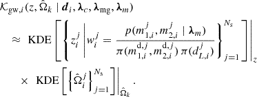 Mathematical equation: $$ \begin{aligned}&\mathcal{K} _{\mathrm{gw} , i}(z,\hat{\Omega }_k \mid \boldsymbol{d}_i, \boldsymbol{\lambda }_c, \boldsymbol{\lambda }_{\rm mg}, \boldsymbol{\lambda }_m) \nonumber \\&\quad \approx \left. \text{ KDE}\left[\left\{ z^j_i \left| w^j_i = \frac{p(m^j_{1,i}, m^j_{2,i} \mid \boldsymbol{\lambda }_m)}{\pi (m^{\mathrm{d} ,j}_{1,i}, m^{\mathrm{d} ,j}_{2,i}) \, \pi (d^j_{L,i})}\right\} _{j = 1}^{N_{\rm s}}\right. \right]\right|_{z} \nonumber \\&\quad \quad \times \left.\text{ KDE} \left[\left\{ \hat{\Omega }^j_i\right\} _{j = 1}^{N_{\rm s}} \right]\right|_{\hat{\Omega }_k}. \end{aligned} $$