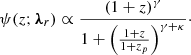 Mathematical equation: $$ \begin{aligned} \psi (z ; \boldsymbol{\lambda }_r) \propto \frac{(1+z)^\gamma }{1+\left(\frac{1+z}{1+z_p}\right)^{\gamma +\kappa }}\cdot \end{aligned} $$