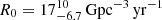 Mathematical equation: $ R_0 = 17^{10}_{-6.7} \,{\mathrm{Gpc}^{-3}\,\mathrm{yr}^{-1}} $