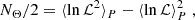 Mathematical equation: $$ \begin{aligned} N_{\Theta }/2 = \langle \ln \mathcal{L} ^2\rangle _P - \langle \ln \mathcal{L} \rangle _P^2\;, \end{aligned} $$