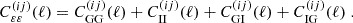 Mathematical equation: $$ \begin{aligned} C^{(ij)}_{\varepsilon \varepsilon }(\ell ) = C^{(ij)}_{\rm GG}(\ell ) + C^{(ij)}_{\rm II}(\ell ) + C^{(ij)}_{\rm GI}(\ell ) + C^{(ij)}_{\rm IG}(\ell )\;. \end{aligned} $$