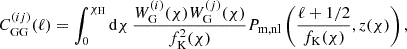 Mathematical equation: $$ \begin{aligned} C^{(ij)}_{\rm GG}(\ell ) = \int _0^{\chi _{\rm H}} \mathrm{d}\chi \, \frac{W^{(i)}_{\mathrm{G}}(\chi )W^{(j)}_{\rm G}(\chi )}{f_{\rm K}^2(\chi )}P_{\rm m, nl}\left(\frac{\ell +1/2}{f_{\rm K}(\chi )},z(\chi )\right),\; \end{aligned} $$