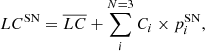 Mathematical equation: $$ \begin{aligned} LC^\mathrm{SN} = \overline{LC} + \sum _i^{N=3} C_i \times p_i^\mathrm{SN}, \end{aligned} $$