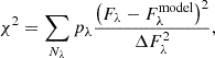 Mathematical equation: $$ \begin{aligned} \chi ^2 = \sum _{N_{\lambda }} p_{\lambda } \frac{ \left( F_{\lambda } - F_{\lambda }^\mathrm{model} \right)^2}{\Delta F_{\lambda }^2}, \end{aligned} $$