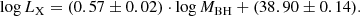 Mathematical equation: $$ \begin{aligned} \log L_{\rm X} = (0.57\pm 0.02)\cdot \log M_{\mathrm{BH}} + (38.90\pm 0.14). \end{aligned} $$
