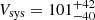 Mathematical equation: $ V_{\mathrm{sys}} = 101^{+42}_{-40} $