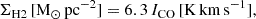 Mathematical equation: $$ \begin{aligned} \Sigma _{\mathrm{H2} }\,[\mathrm{M} _{\odot }\,\mathrm{pc} ^{-2}] = 6.3\,I_{\mathrm{CO} }\,[\mathrm{K} \,\mathrm{km} \,\mathrm{s} ^{-1}], \end{aligned} $$