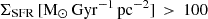 Mathematical equation: $ \Sigma_{\mathrm{SFR}}\,[\mathrm{M}_{\odot}\,\mathrm{Gyr}^{-1}\,\mathrm{pc}^{-2}]\, > \,100 $