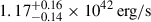 Mathematical equation: $ 1.17^{+0.16}_{-0.14} \times 10^{42}\,\mathrm{erg/s} $