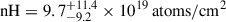 Mathematical equation: $ \mathrm{nH} = 9.7^{+11.4}_{-9.2}\times10^{19}\,\mathrm{atoms/cm}^2 $