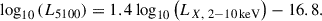 Mathematical equation: $$ \begin{aligned} \log _{10}\left(L_{5100}\right) = 1.4 \log _{10}\left(L_{X,~2-10\,\mathrm{keV}}\right) - 16.8. \end{aligned} $$