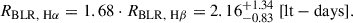 Mathematical equation: $$ \begin{aligned} R_{\mathrm{BLR},~\mathrm{H}\alpha } = 1.68\cdot R_{\mathrm{BLR},~\mathrm{H}\beta } = 2.16^{+1.34}_{-0.83}~[\mathrm{lt-days} ]. \end{aligned} $$