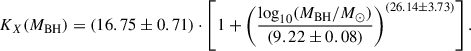 Mathematical equation: $$ \begin{aligned} K_X(M_{\text{BH}}) = (16.75\pm 0.71) \cdot \left[ 1 + \left( \frac{\log _{10}(M_{\text{BH}}/M_{\odot })}{(9.22\pm 0.08)} \right)^{(26.14\pm 3.73)} \right]. \end{aligned} $$