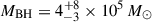 Mathematical equation: $ M_{\mathrm{BH}} = {4}_{-3}^{+8}\times 10^{5}\,M_{\odot} $
